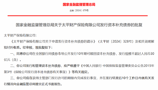 太平财险获批发行10年期可赎回资本补充债券